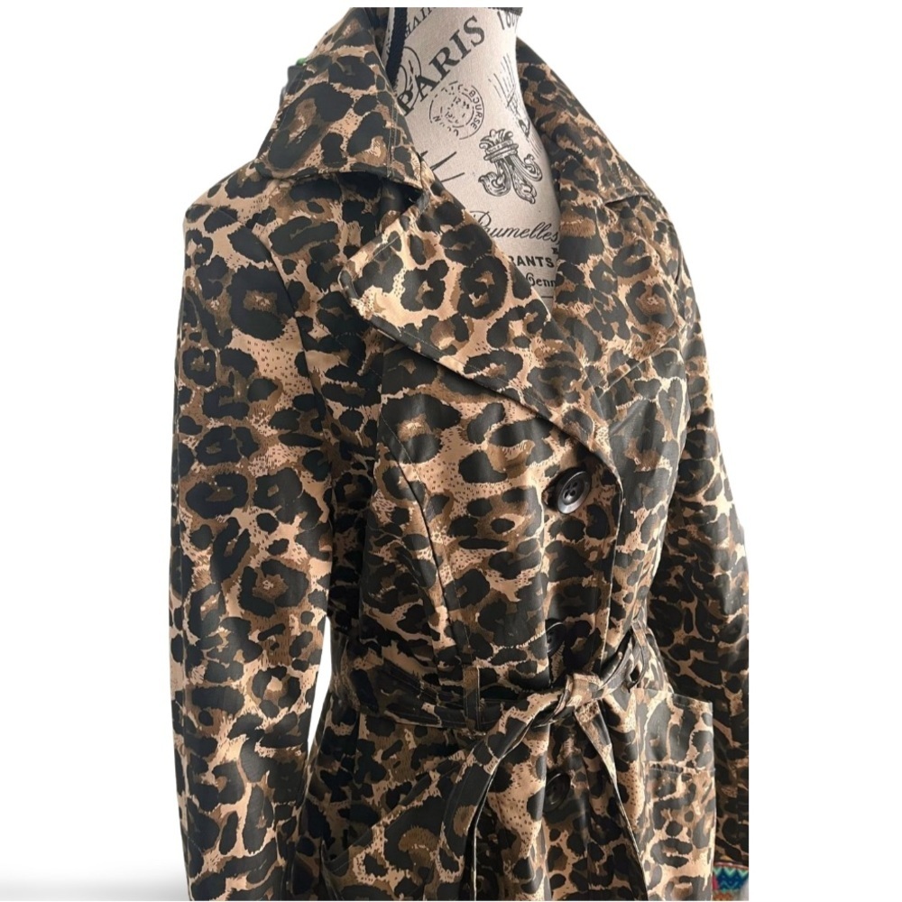 Leopard Print Trench Coat Belted Animal Print Statement Jacket Size Large - Picture 3 of 5